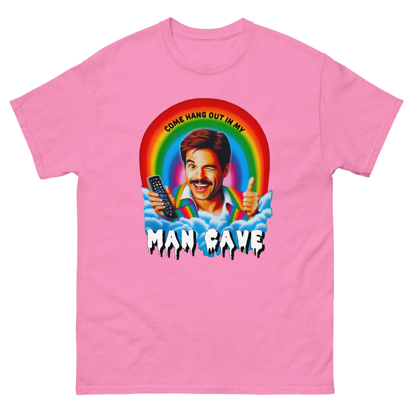 Come hang out in my man cave design printed on t-shirt by Mcbarge shirts.