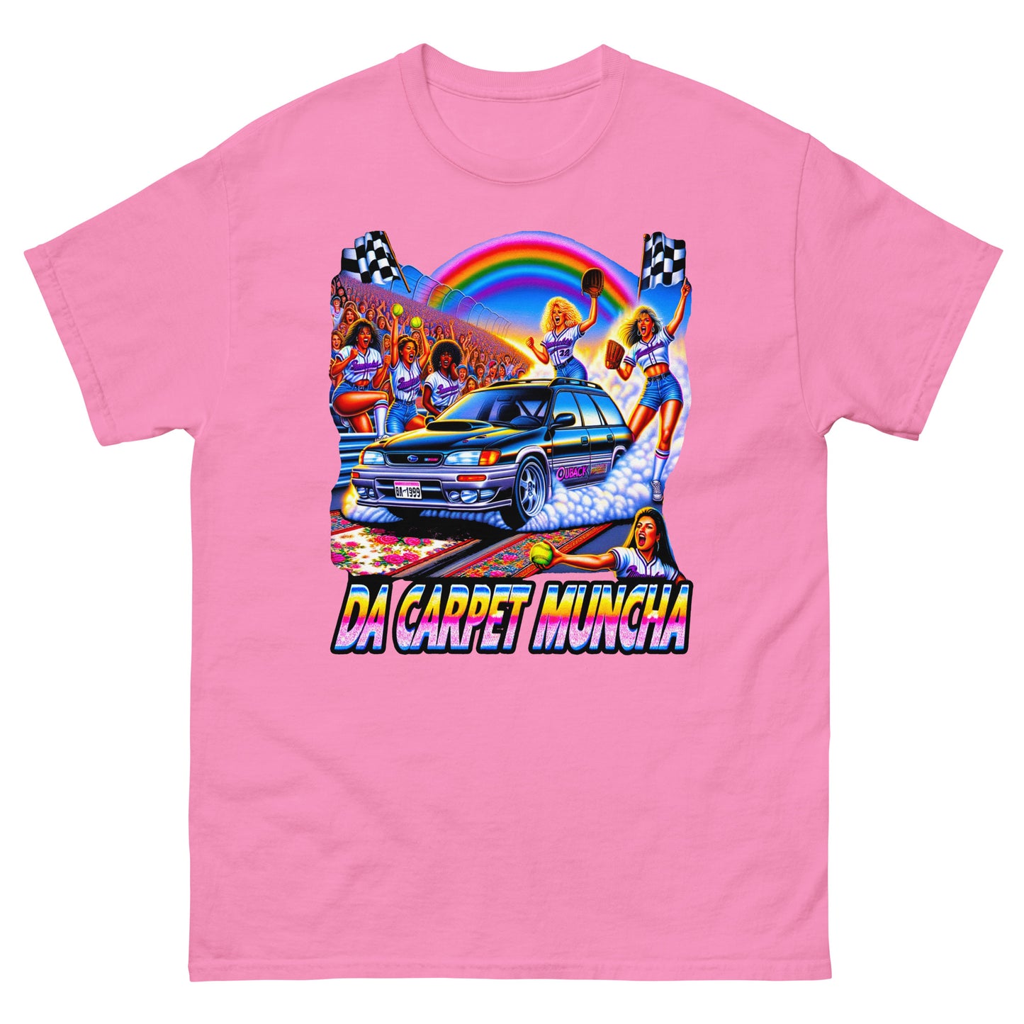 Da Carpet Muncha design wtih a subaru driving and ladies cheering around it printed on a t-shirt by Mcbarge shirts.