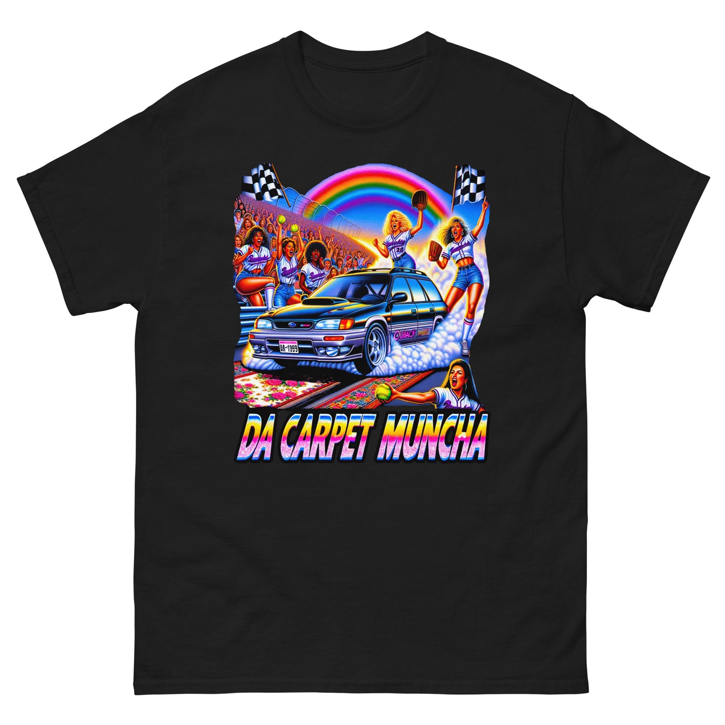 Da Carpet Muncha design wtih a subaru driving and ladies cheering around it printed on a t-shirt by Mcbarge shirts.