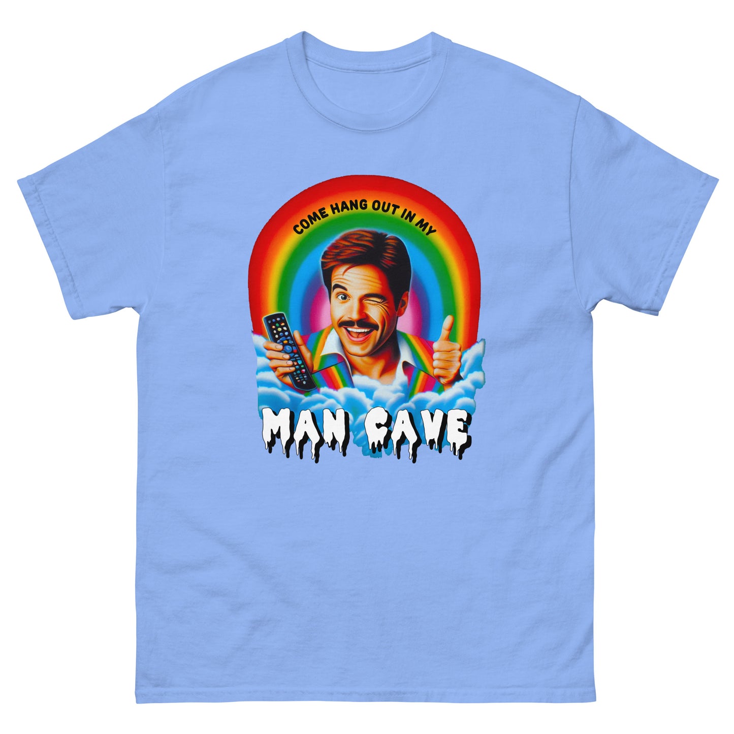 Come hang out in my man cave design printed on t-shirt by Mcbarge shirts.