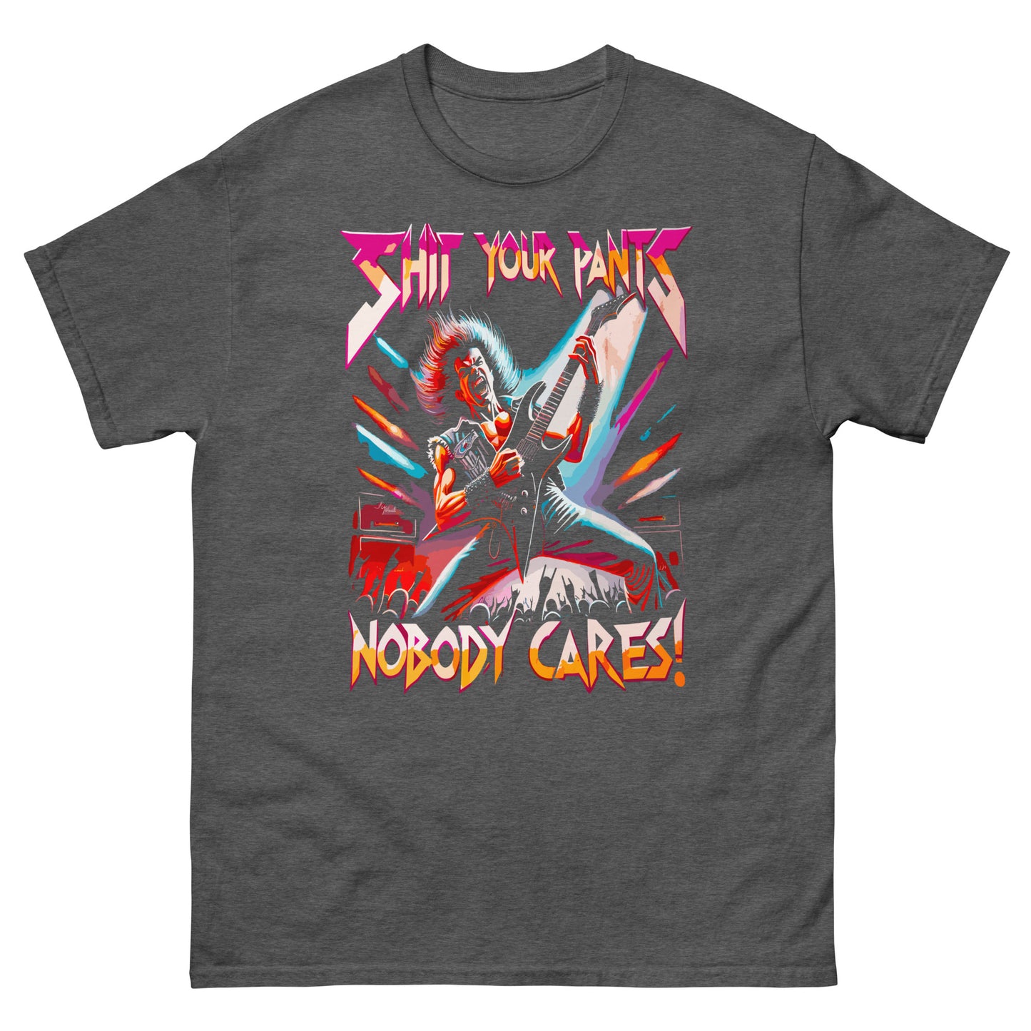 Shit your pants, nobody cares with metal guitarist design printed on a t-shirt by Mcbarge shirts