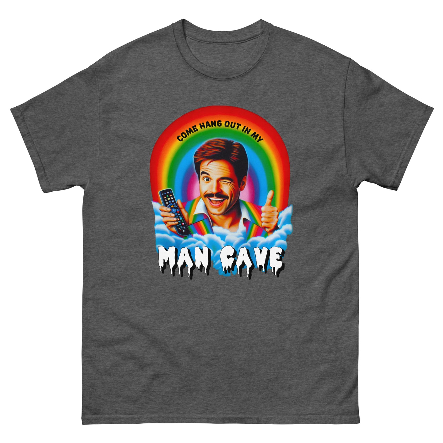 Come hang out in my man cave design printed on t-shirt by Mcbarge shirts.