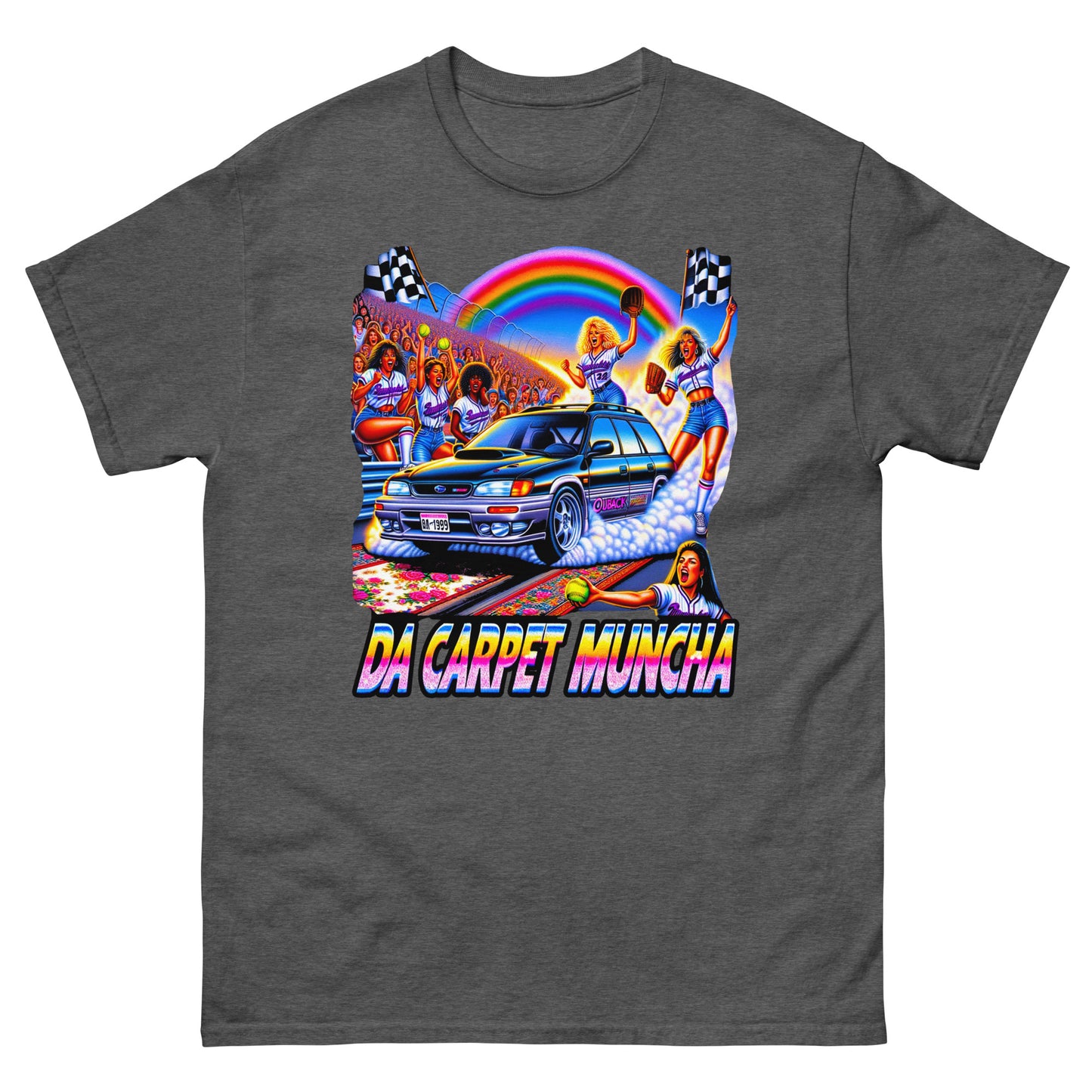 Da Carpet Muncha design wtih a subaru driving and ladies cheering around it printed on a t-shirt by Mcbarge shirts.