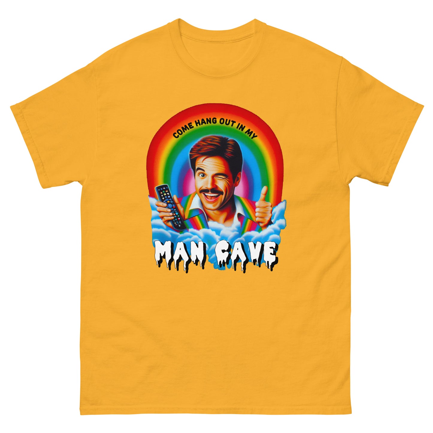 Come hang out in my man cave design printed on t-shirt by Mcbarge shirts.