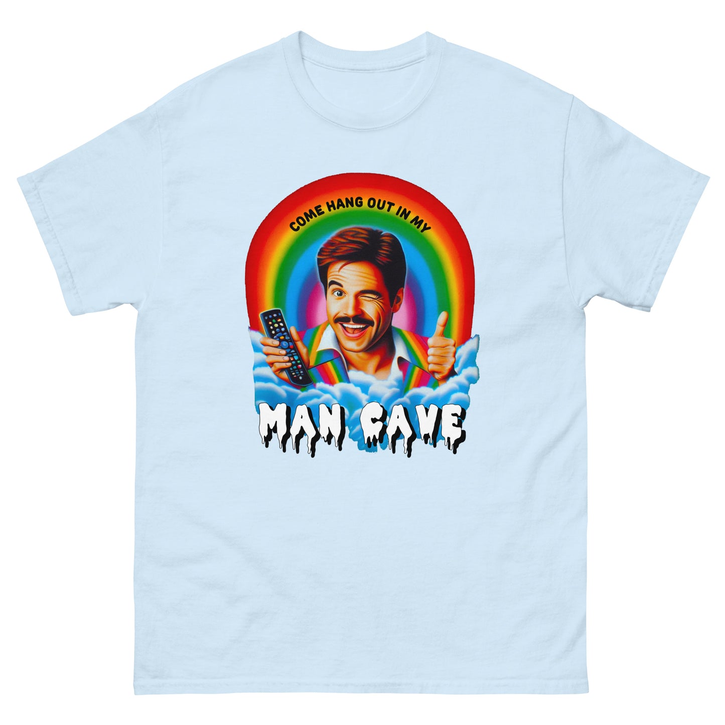 Come hang out in my man cave design printed on t-shirt by Mcbarge shirts.