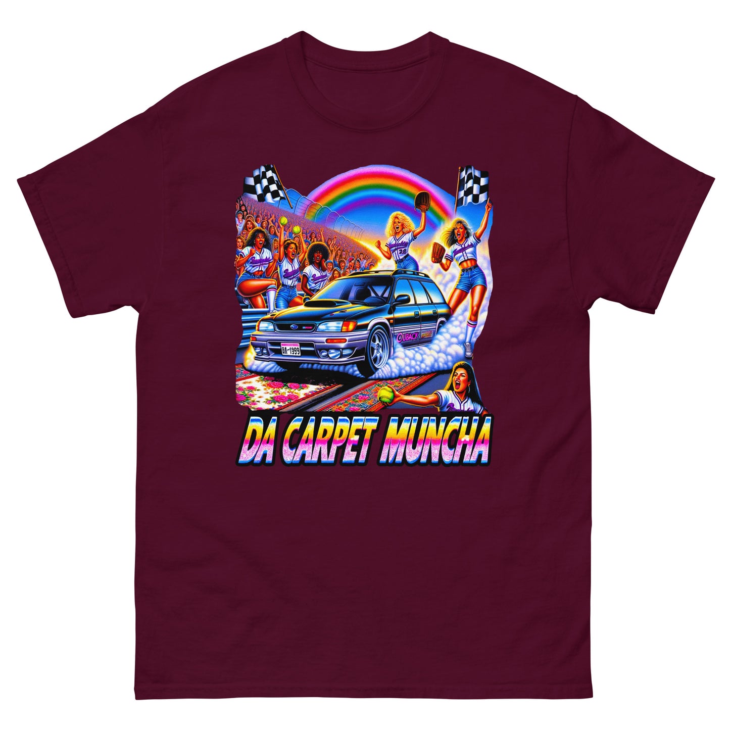 Da Carpet Muncha design wtih a subaru driving and ladies cheering around it printed on a t-shirt by Mcbarge shirts.