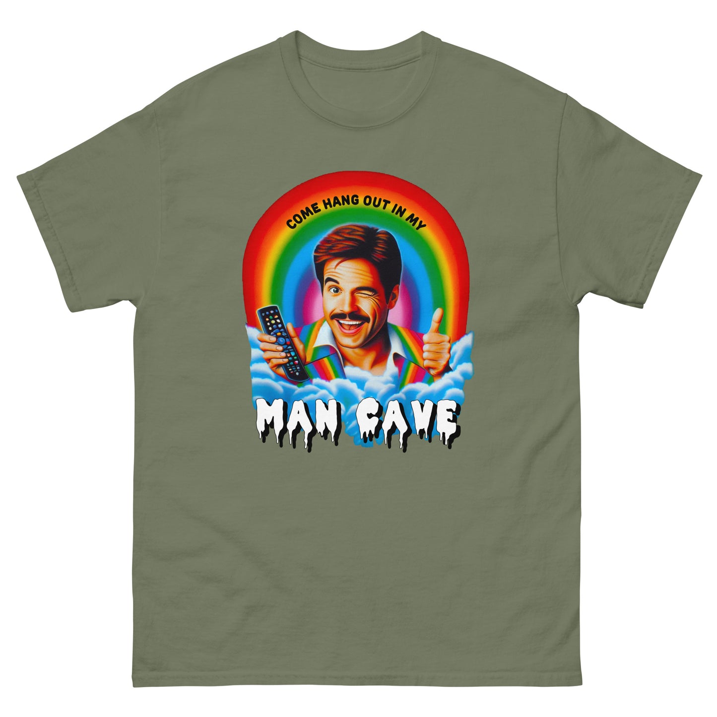 Come hang out in my man cave design printed on t-shirt by Mcbarge shirts.