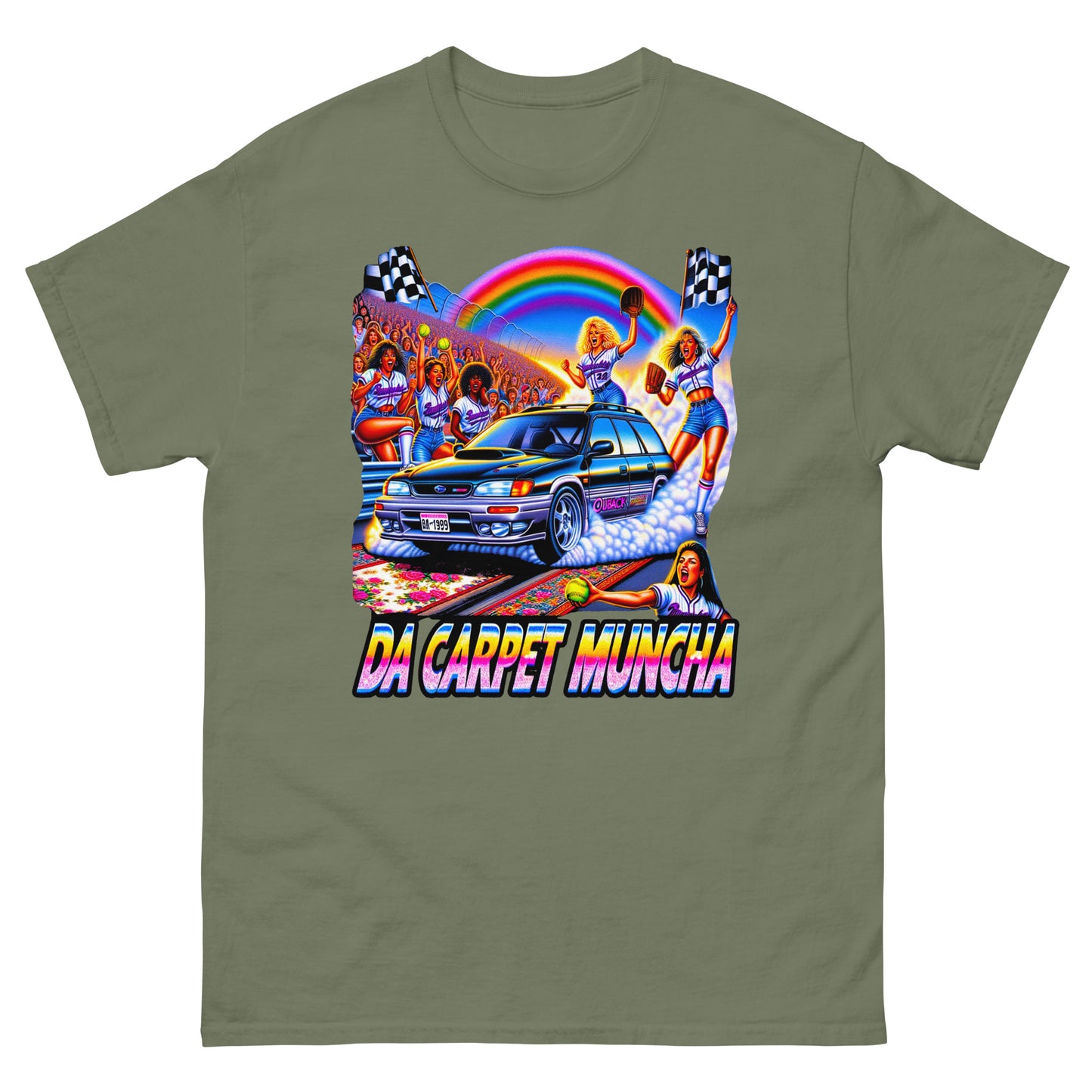 Da Carpet Muncha design wtih a subaru driving and ladies cheering around it printed on a t-shirt by Mcbarge shirts.