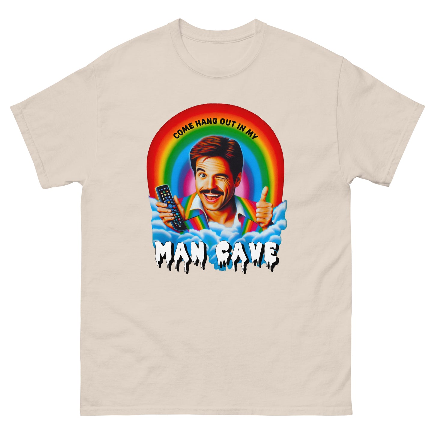Come hang out in my man cave design printed on t-shirt by Mcbarge shirts.