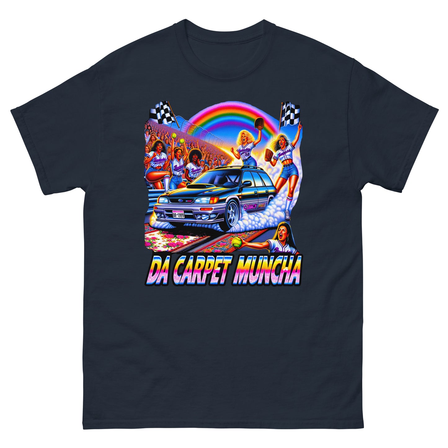 Da Carpet Muncha design wtih a subaru driving and ladies cheering around it printed on a t-shirt by Mcbarge shirts.