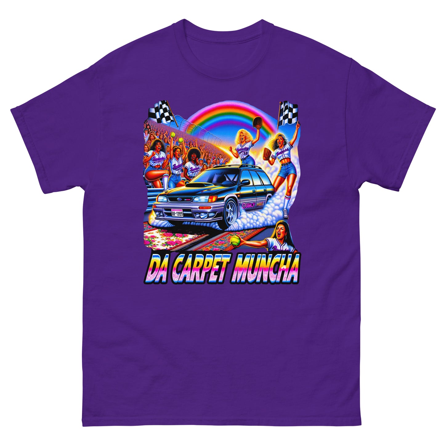 Da Carpet Muncha design wtih a subaru driving and ladies cheering around it printed on a t-shirt by Mcbarge shirts.