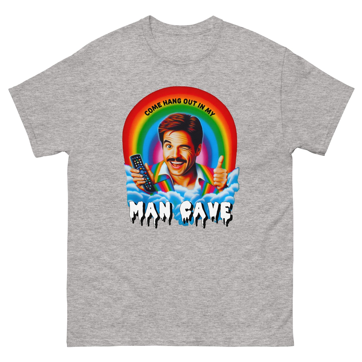 Come hang out in my man cave design printed on t-shirt by Mcbarge shirts.