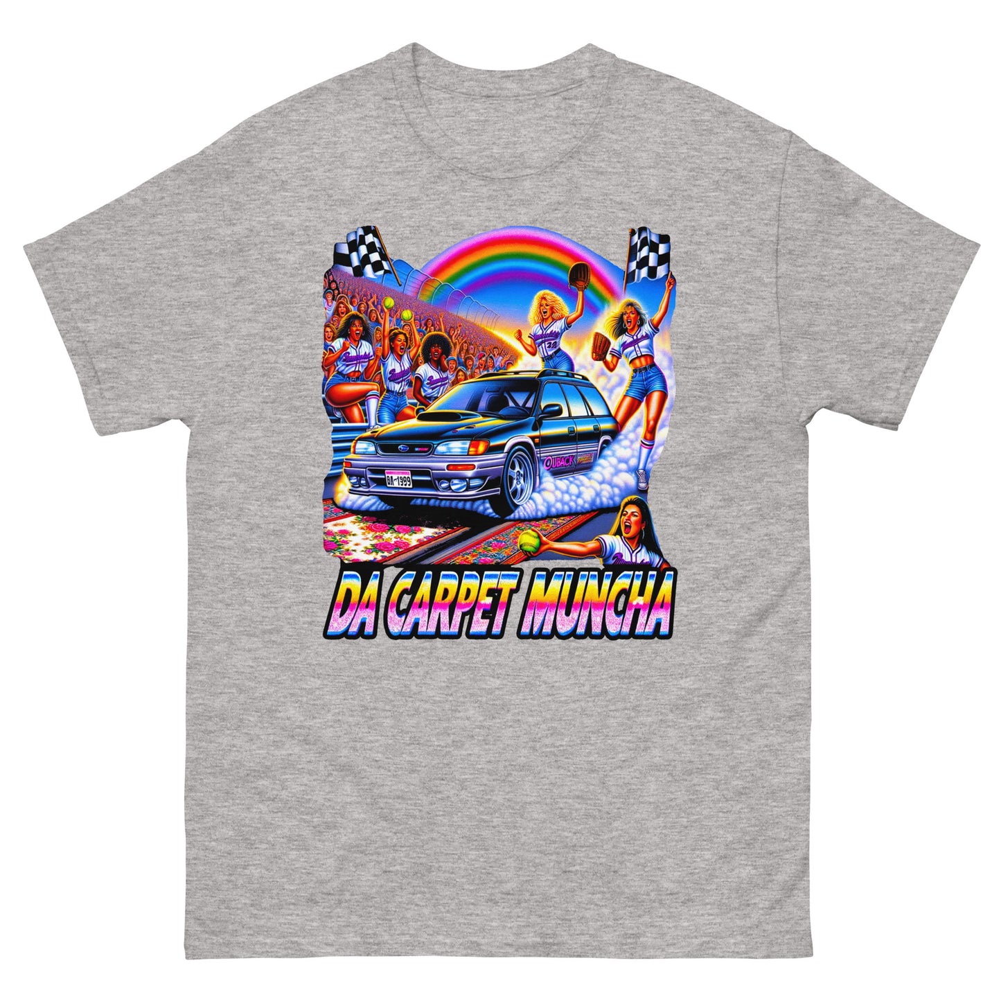 Da Carpet Muncha design wtih a subaru driving and ladies cheering around it printed on a t-shirt by Mcbarge shirts.