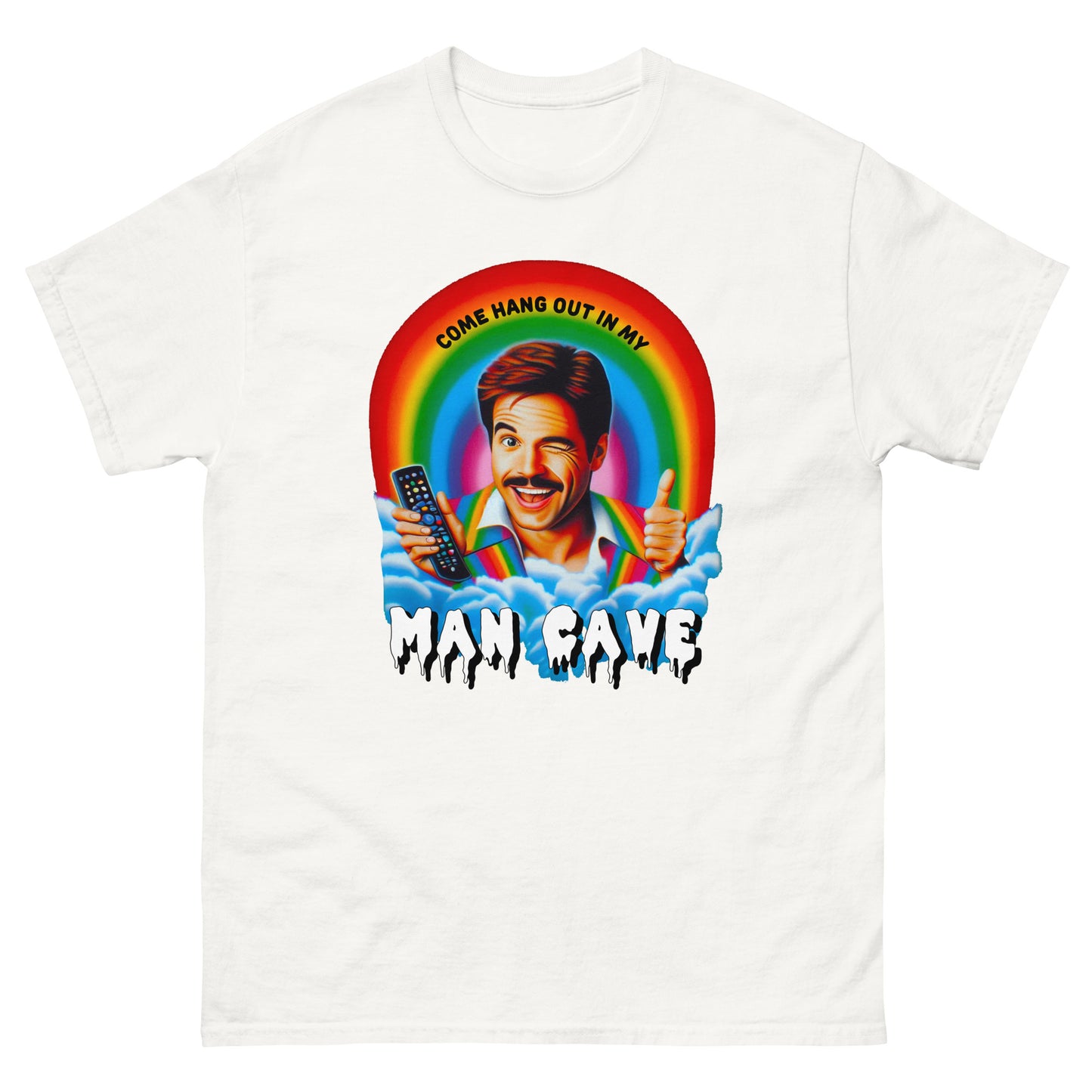 Come hang out in my man cave design printed on t-shirt by Mcbarge shirts.