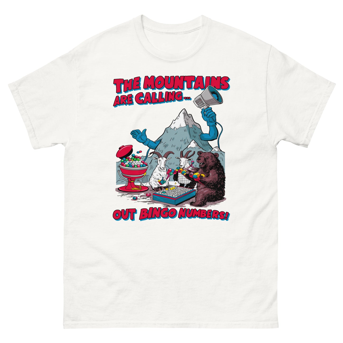 The mountains are calling out bingo numbers design printed on t-shirt by Mcbarge shirts