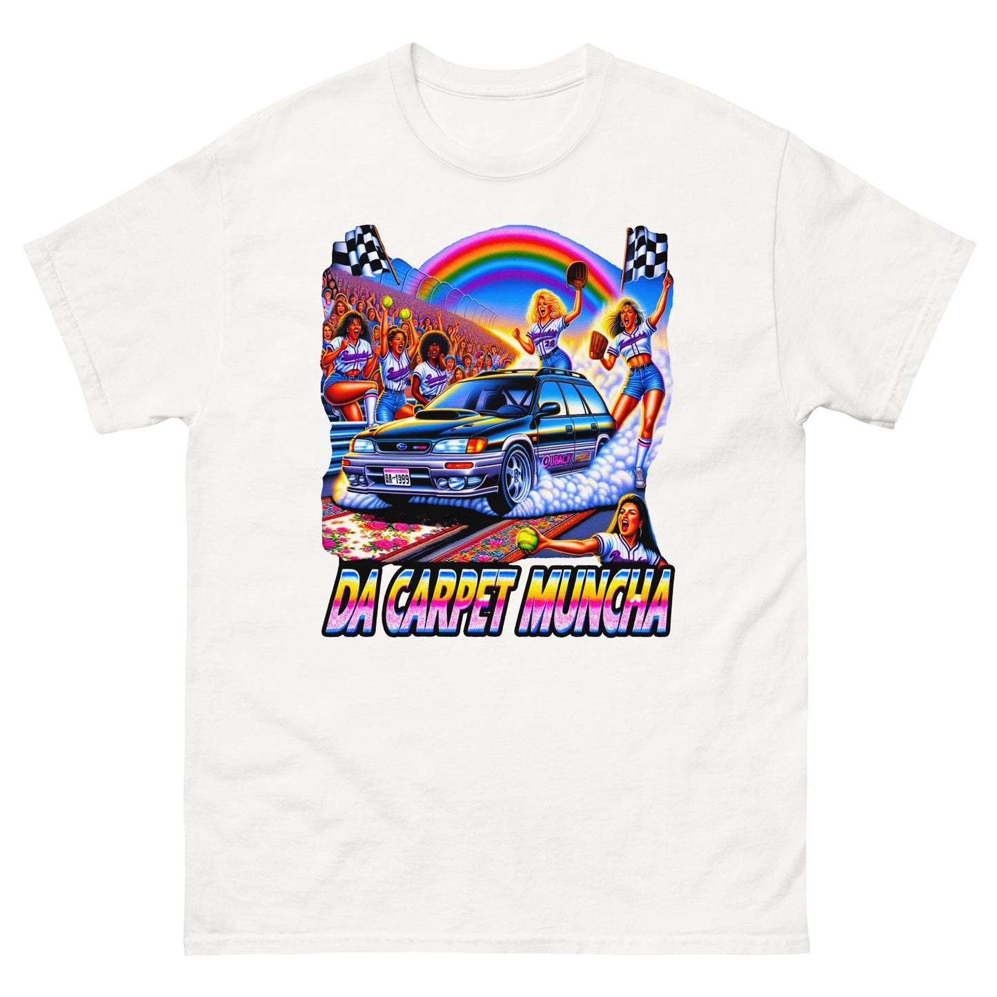 Da Carpet Muncha design wtih a subaru driving and ladies cheering around it printed on a t-shirt by Mcbarge shirts.