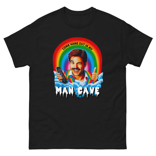 Come hang out in my man cave design printed on t-shirt by Mcbarge shirts.