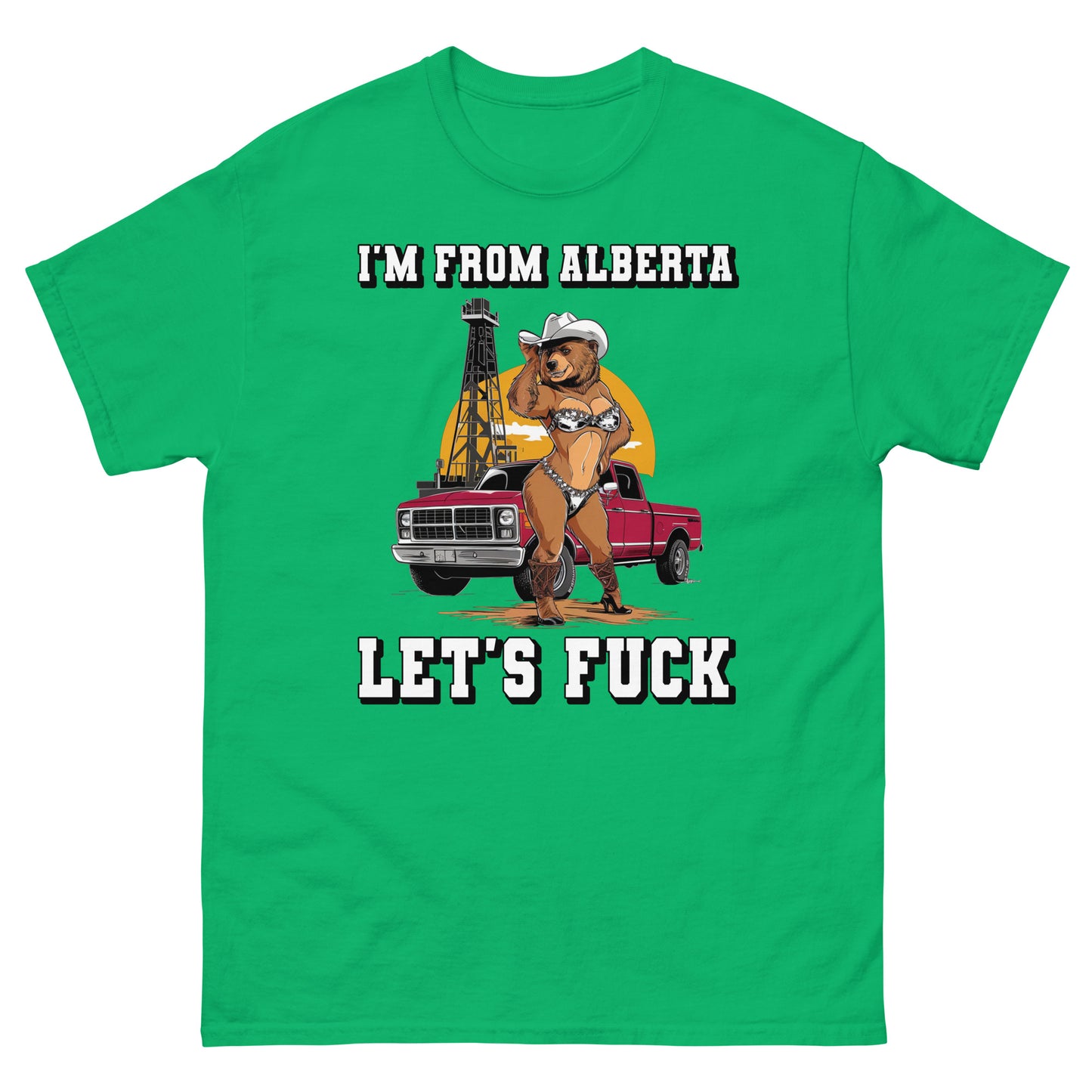 I'm from alberta lets fuck with a lady bear in a bikini and a truck in the background design printed on a t-shirt by Mcbarge