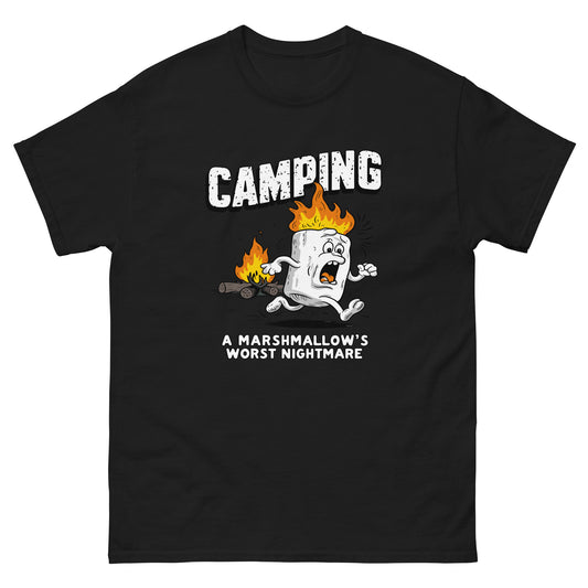 Camping, A marshmellows worst nightmare design with a marshmellow running away from a fire, printed on a t-shirt by Mcbarge Shirts