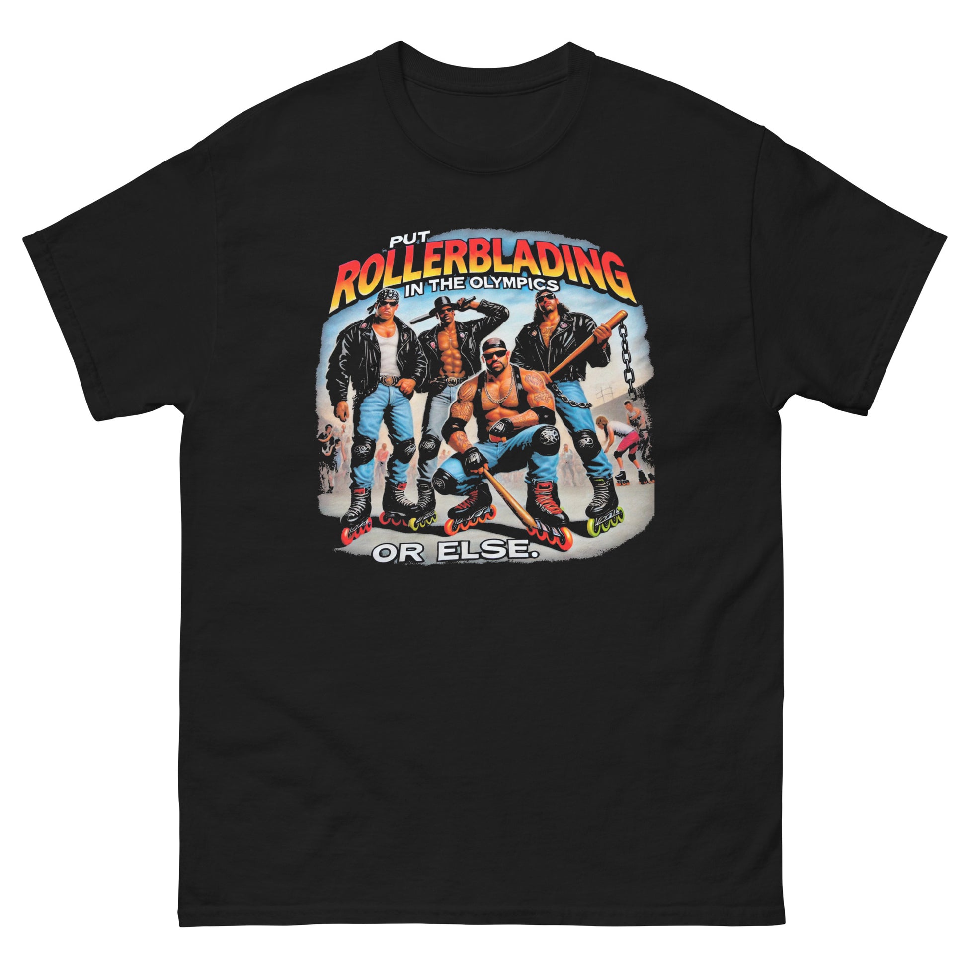 Put rollerblading in the olympics or else with a bunch of gang members design printed on a t-shirt by Mcbarge Shirts