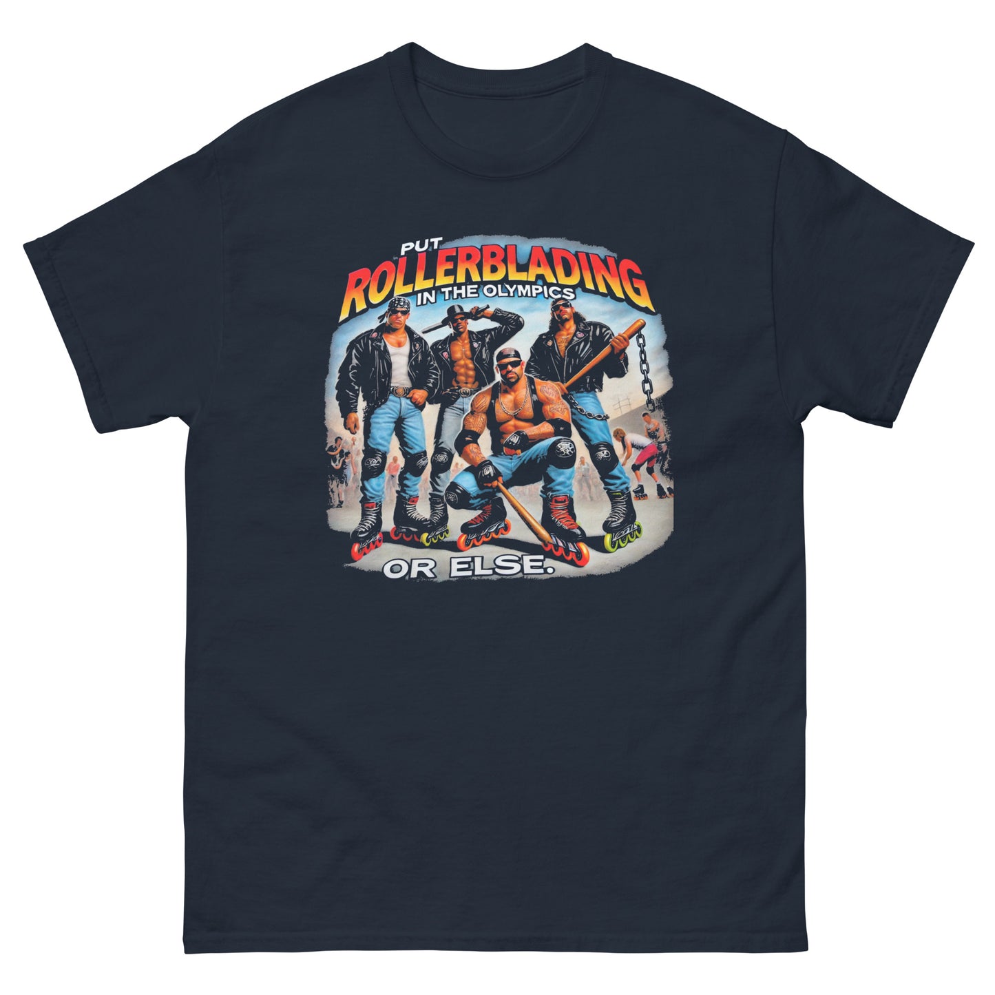 Put rollerblading in the olympics or else with a bunch of gang members design printed on a t-shirt by Mcbarge Shirts