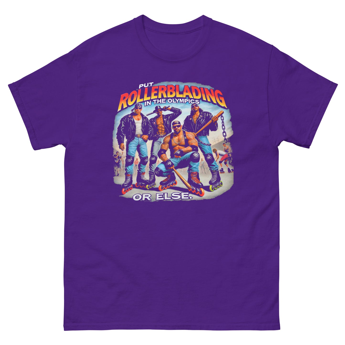 Put rollerblading in the olympics or else with a bunch of gang members design printed on a t-shirt by Mcbarge Shirts
